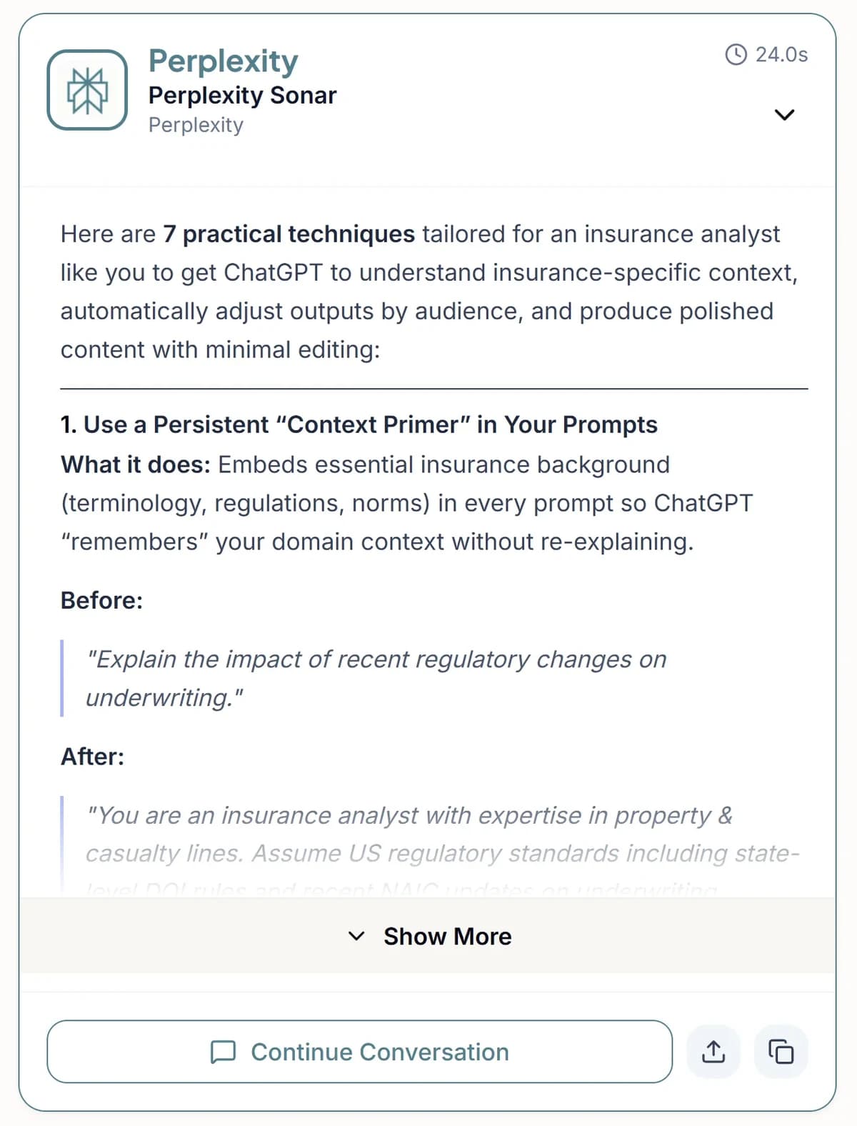 Perplexity Sonar response showing effective prompting techniques for insurance analytics