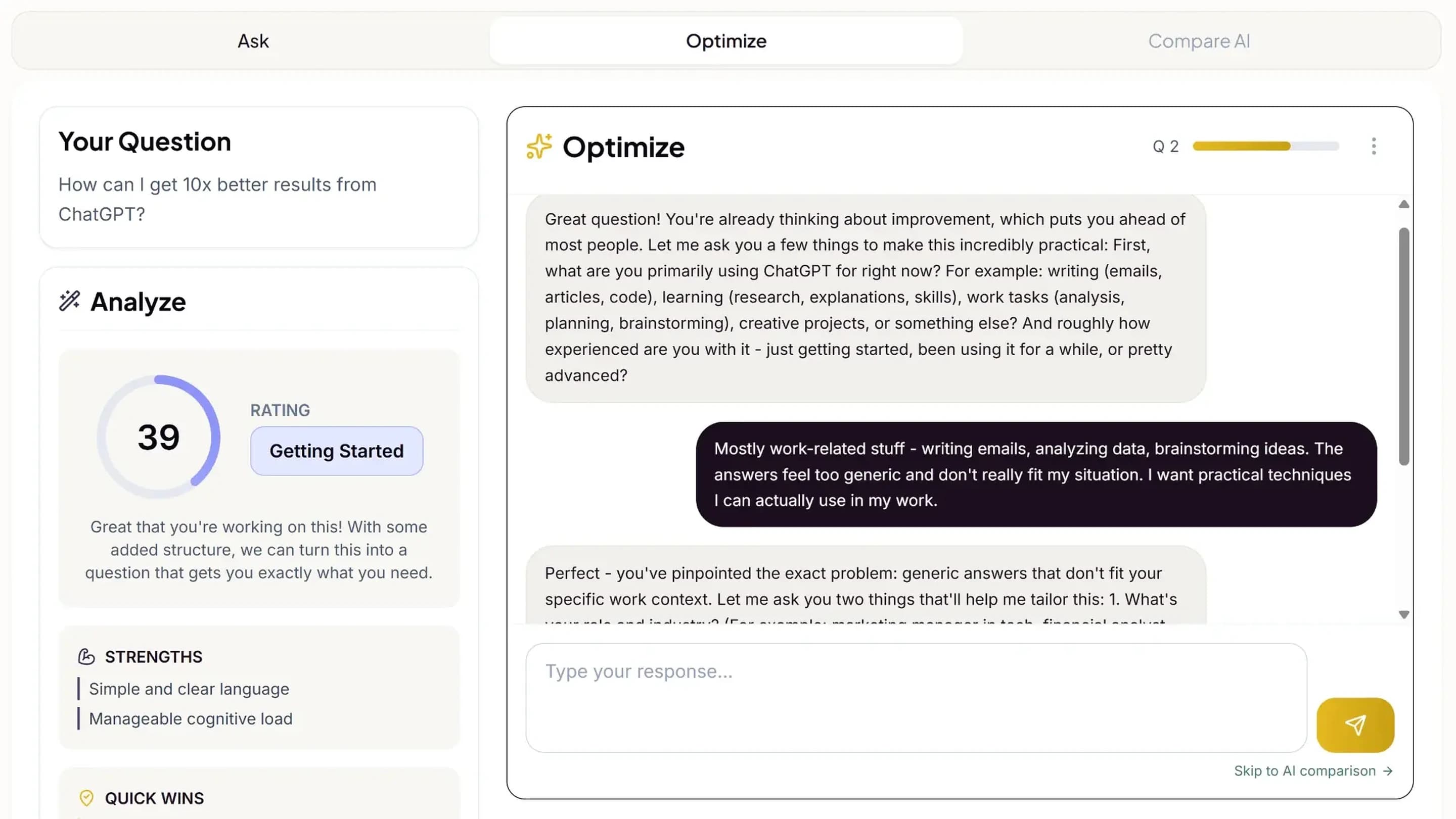 QuestionCraft Question Engine interactive conversation showing personalized coaching