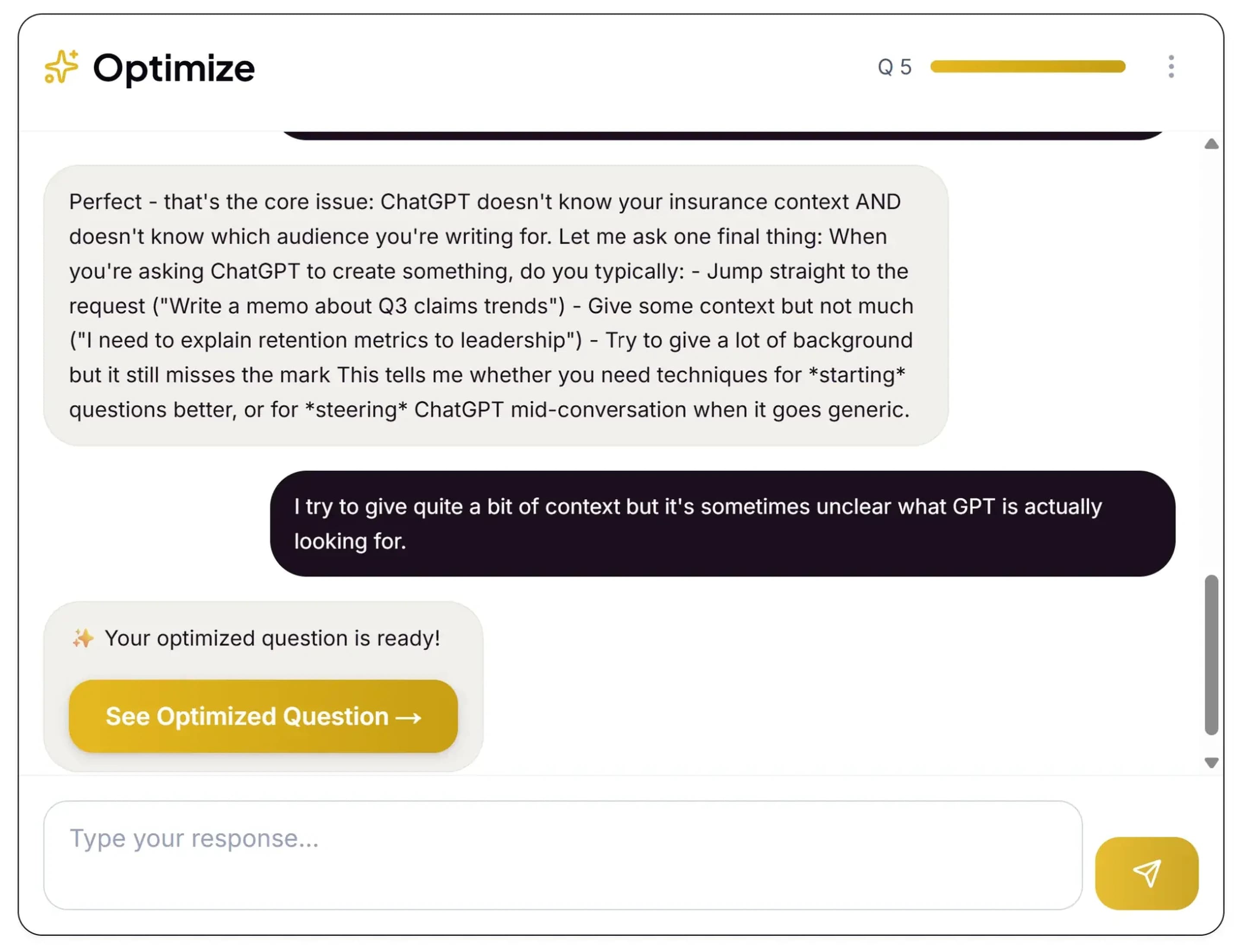 QuestionCraft completion message showing optimized question is ready with See Optimized Question button