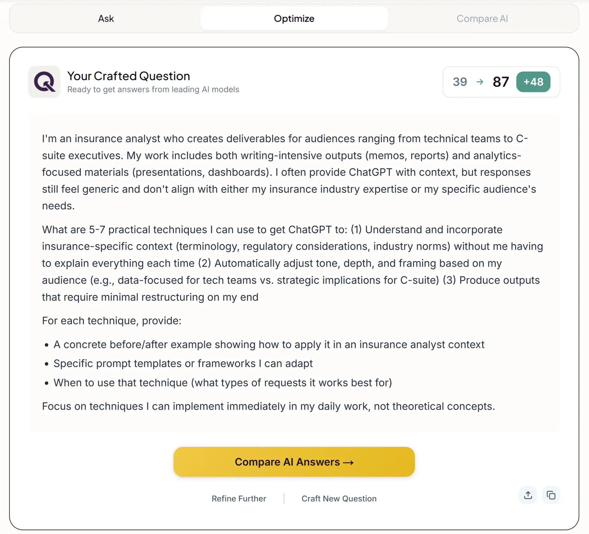 QuestionCraft optimized question showing dramatic improvement from 39 to 87 score with comprehensive context