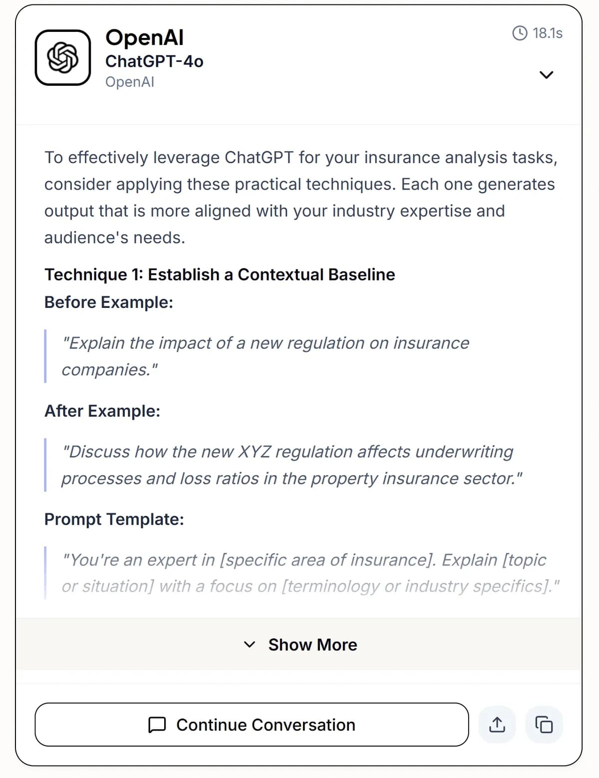 ChatGPT-4o response showing structured prompting approach with contextual setup