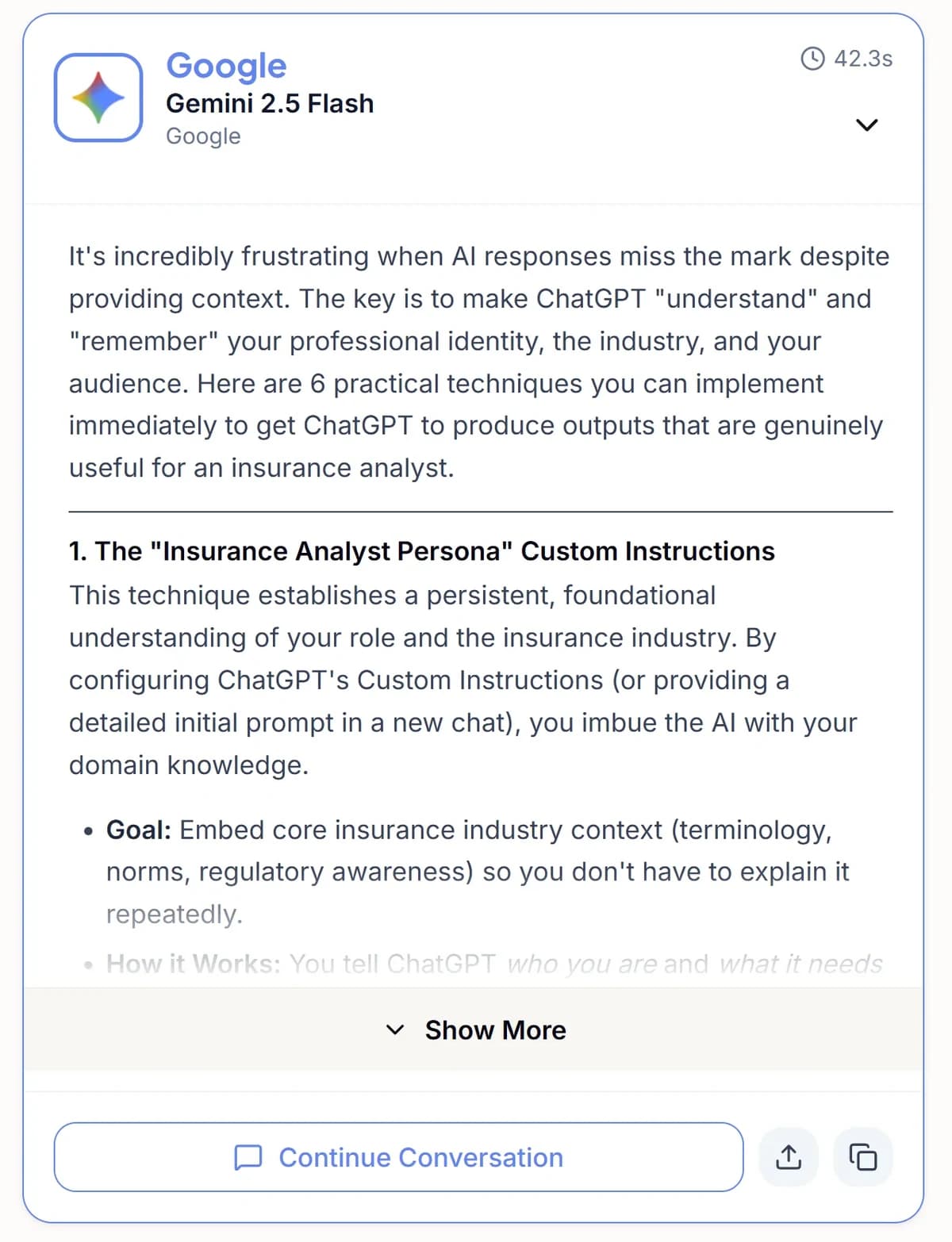 Google Gemini 2.5 Flash response showing core principles for effective prompting