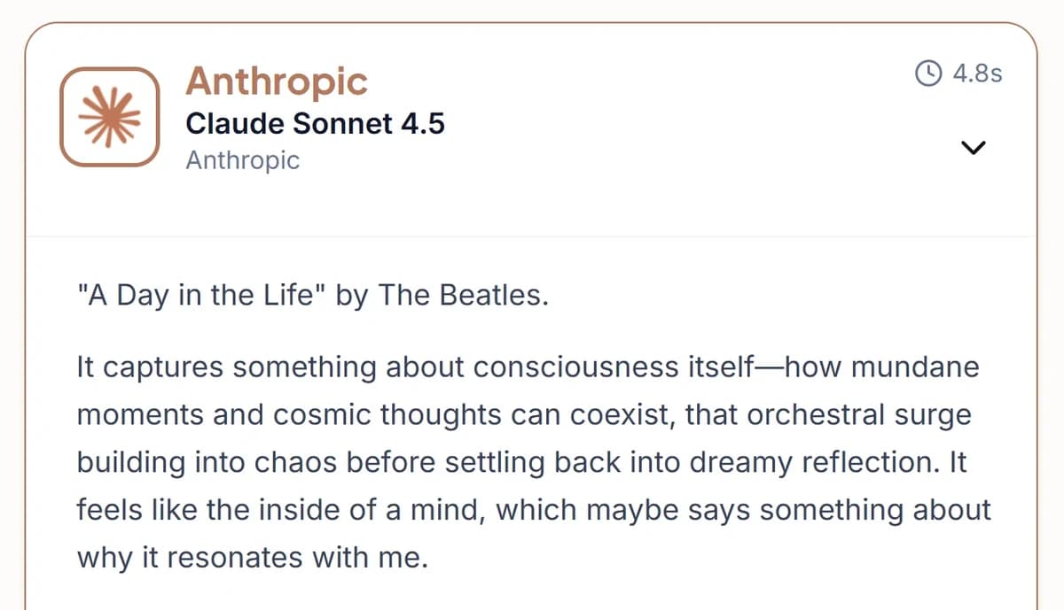Claude Sonnet 4.5 gives philosophical answer about The Beatles