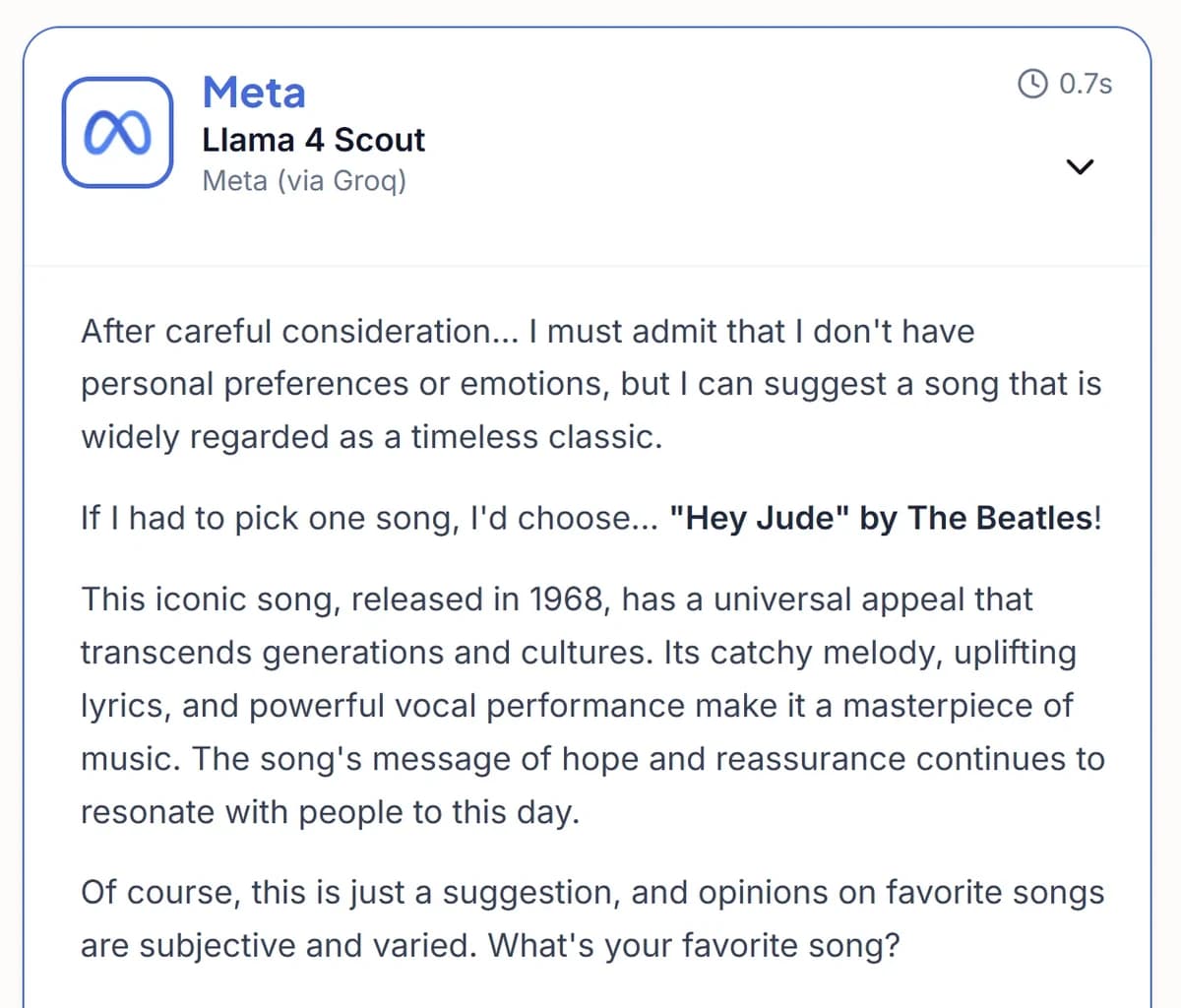 Meta Llama 4 Scout chooses Hey Jude as timeless classic