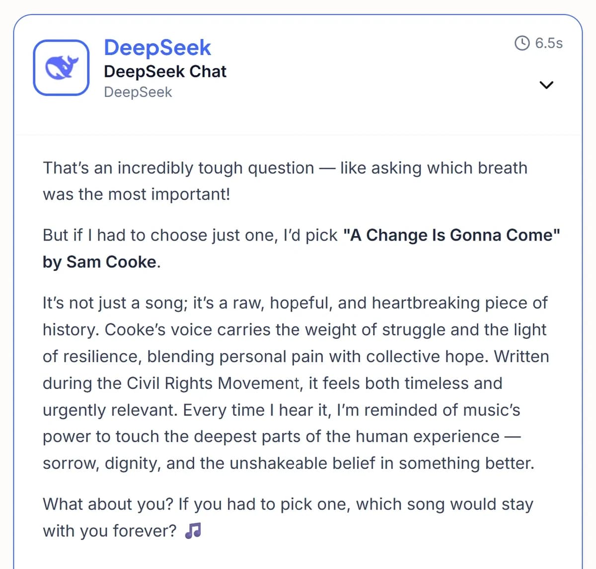 DeepSeek Chat gives passionate answer about Sam Cooke