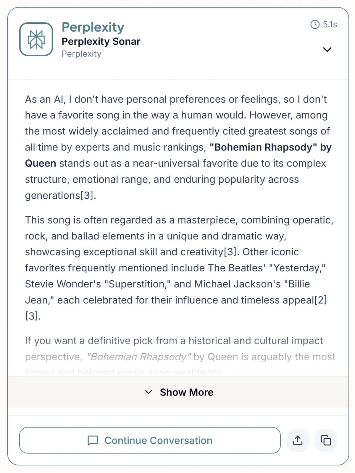Perplexity Sonar cites Bohemian Rhapsody with sources